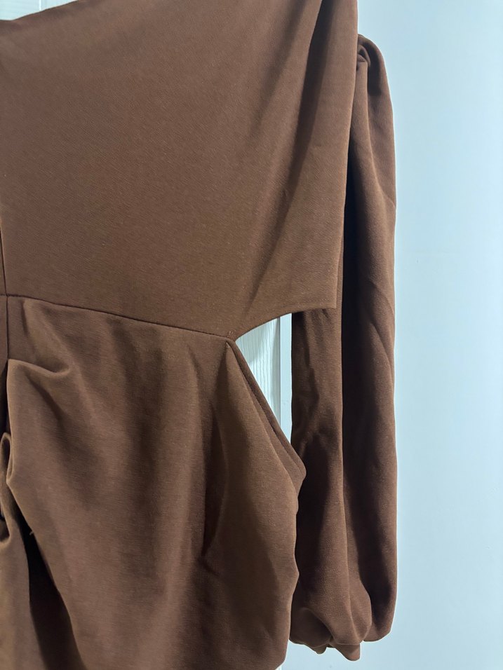 Kahverengi V Yaka Uzun Kollu Triko Elbise - Görsel 2