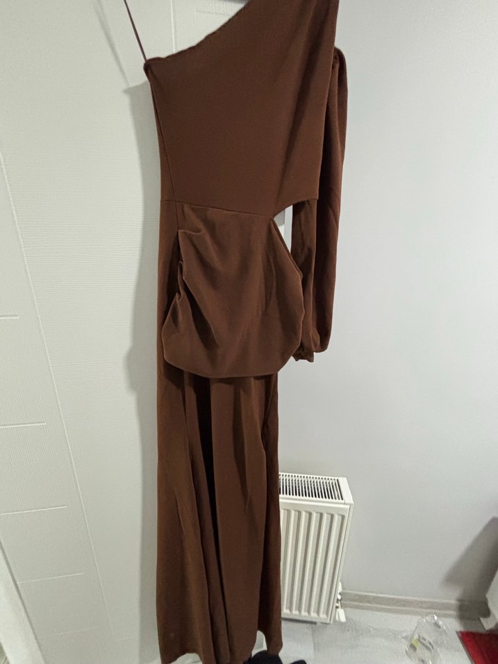 Kahverengi V Yaka Uzun Kollu Triko Elbise - Görsel 3