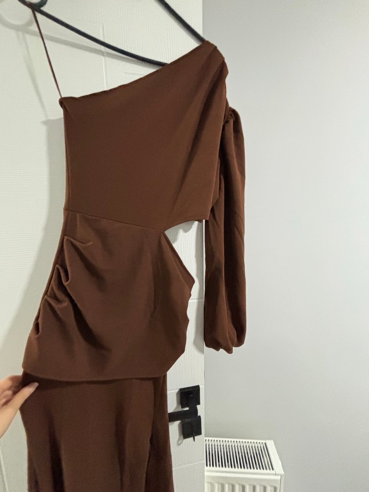 Kahverengi V Yaka Uzun Kollu Triko Elbise - Görsel 4