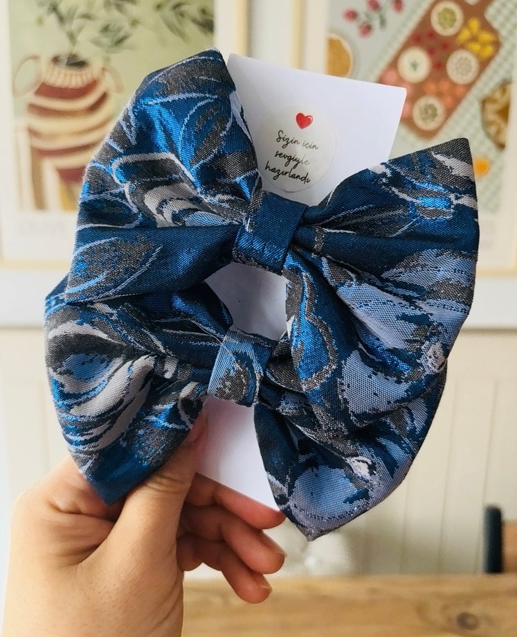 Mavi İpek Görünümlü Fiyonk Saç Aksesuarı - Görsel 2