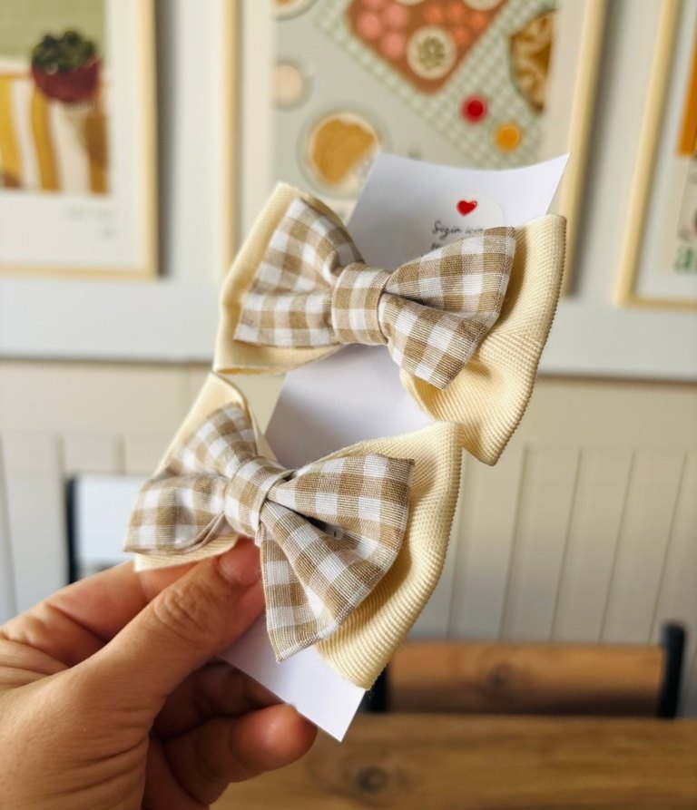 Bej Ekoseli Fiyonk Saç Tokası Seti - Görsel 2