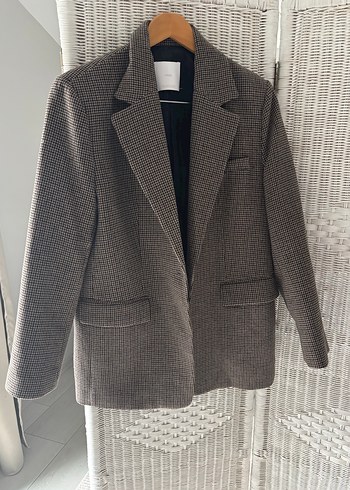 Mango Düğmeli Kahverengi Ekose Kadın Blazer Ceket - Görsel 6