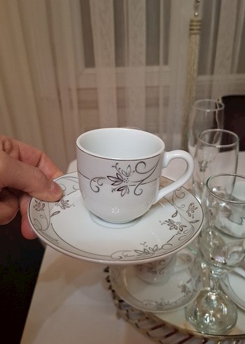 Gri Desenli Beyaz türk Kahve Fincanı Takımı 5 kahve yanı badakla - Görsel 3