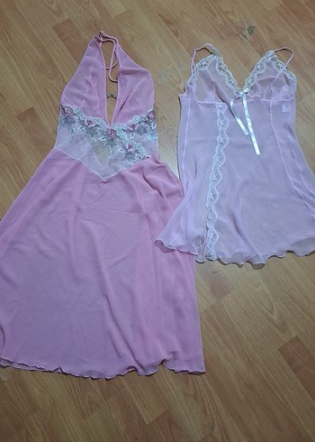 Pembe İp Askılı Midi Vintage Gecelik
