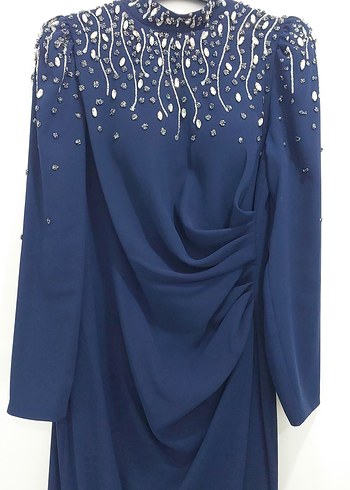 Lacivert Uzun Drapeli Abiye Elbise - Görsel 3