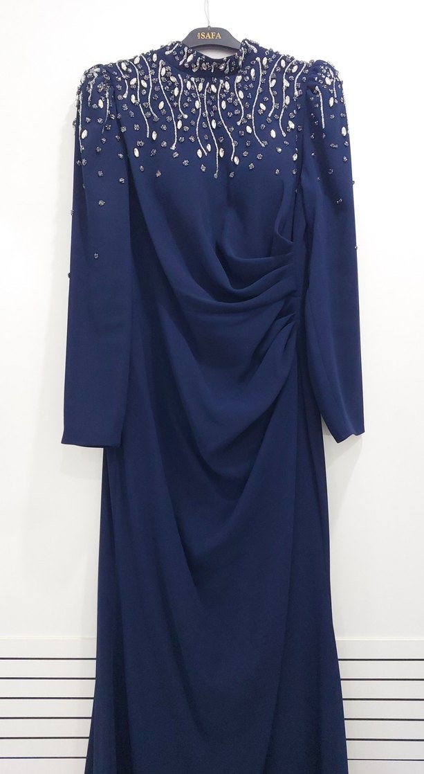 Lacivert Uzun Drapeli Abiye Elbise - Görsel 2