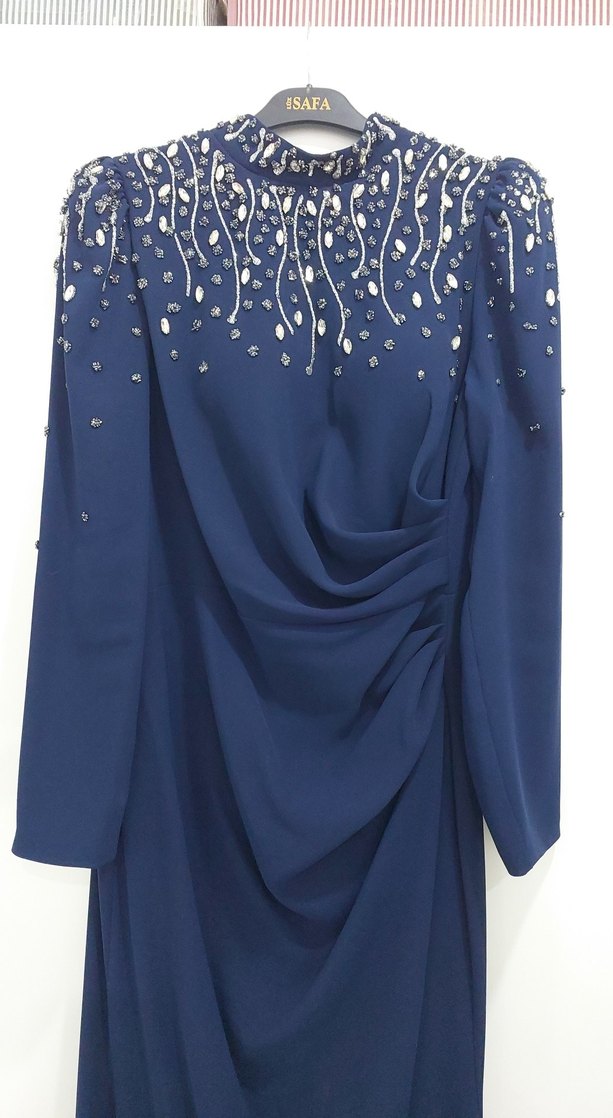 Lacivert Uzun Drapeli Abiye Elbise - Görsel 3