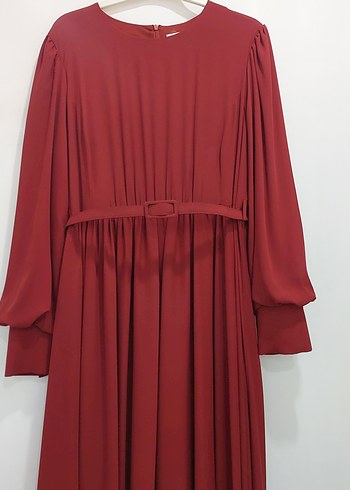 Kiremit rengi Uzun Drapeli Kadın Elbise - Görsel 2