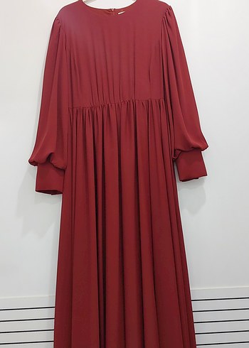 Kiremit rengi Uzun Drapeli Kadın Elbise - Görsel 3