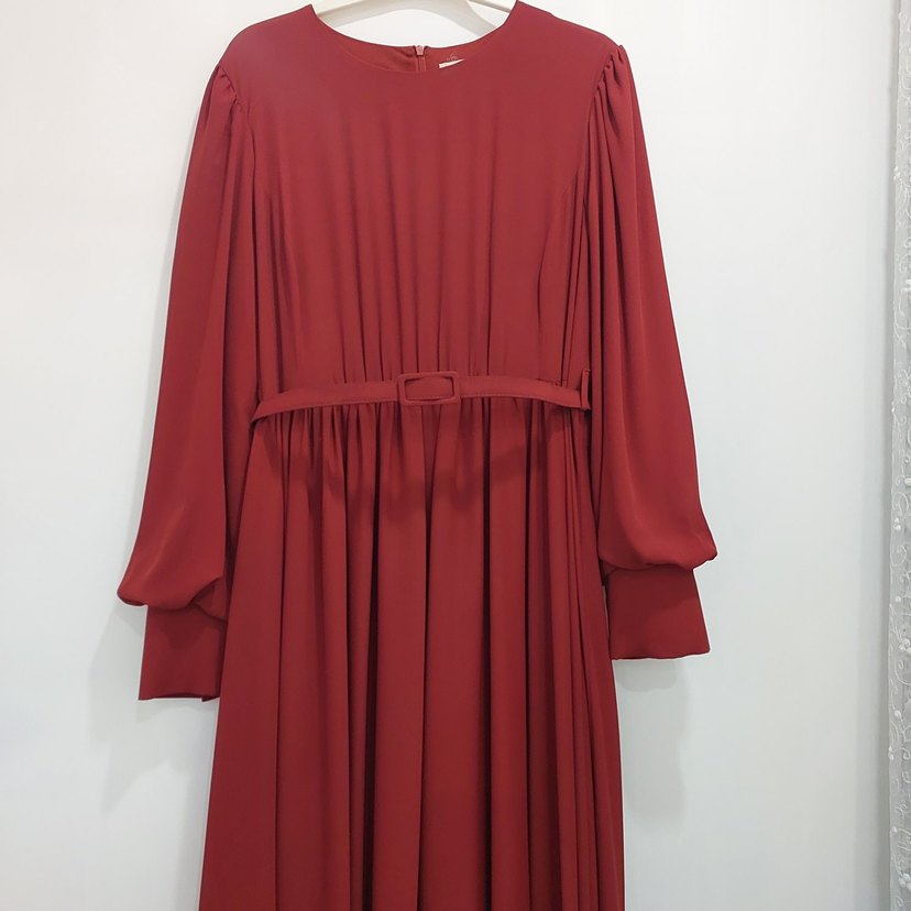 Kiremit rengi Uzun Drapeli Kadın Elbise - Görsel 2