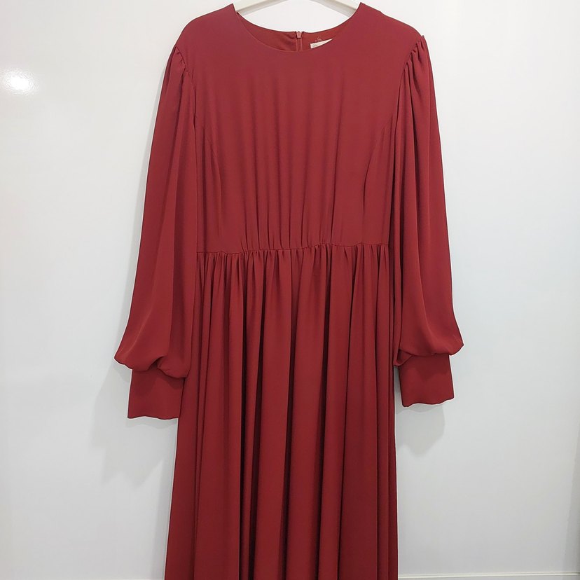 Kiremit rengi Uzun Drapeli Kadın Elbise - Görsel 4