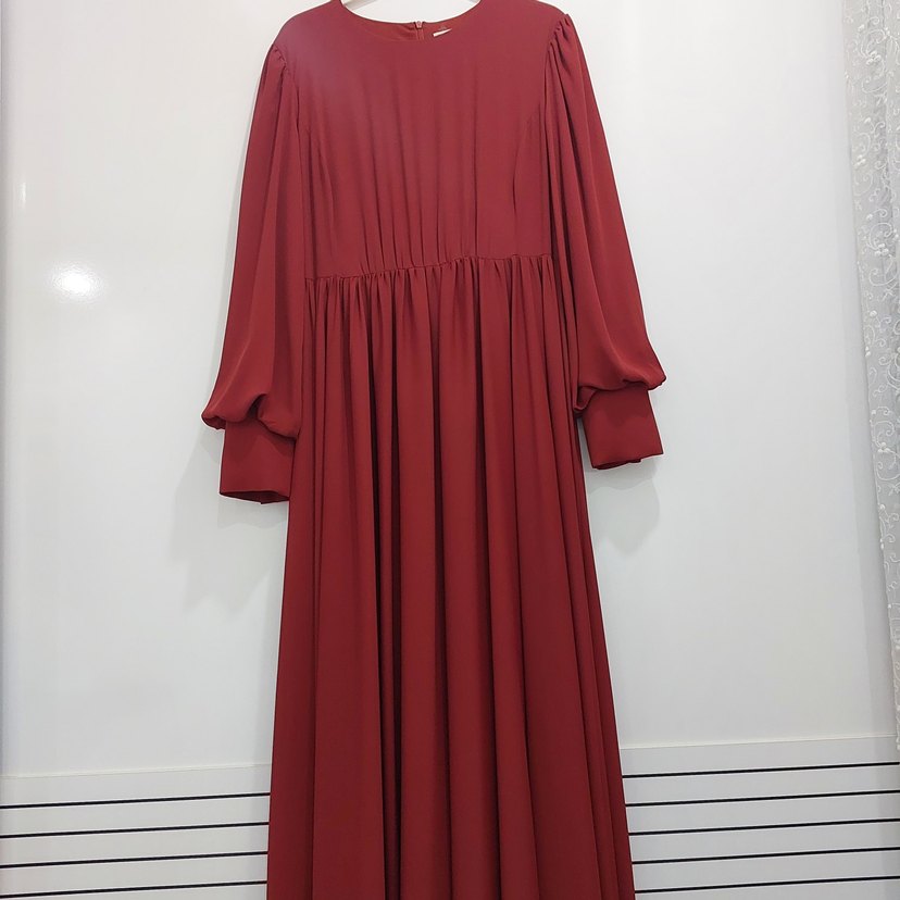 Kiremit rengi Uzun Drapeli Kadın Elbise - Görsel 3