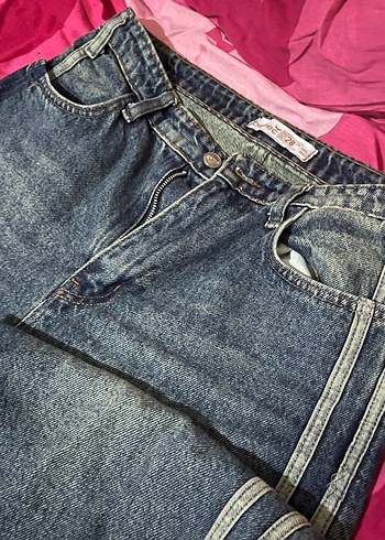 s Beden Gri Çizgili Kadın Midi Denim Pantolon