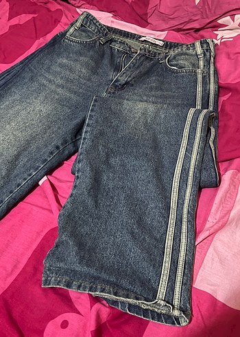 s Beden pembe Renk Gri Çizgili Kadın Midi Denim Pantolon