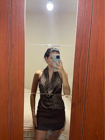 xs Beden Saten halter bluz leopar