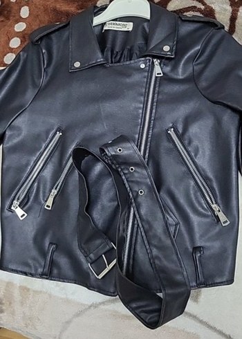 Siyah Kemerli Deri Biker Ceket - Görsel 2