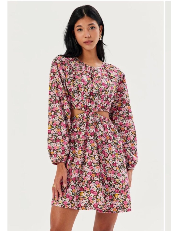 Pembe Çiçekli Bohem Midi Elbise cut out detaylı - Görsel 4