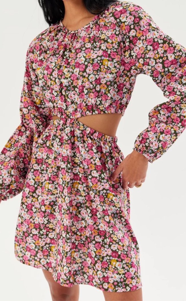 Pembe Çiçekli Bohem Midi Elbise cut out detaylı - Görsel 2