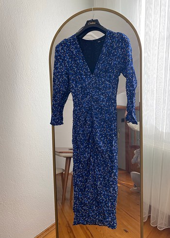 ZaraKadın Lacivert Uzun V Yaka Drapeli Elbise - Görsel 2