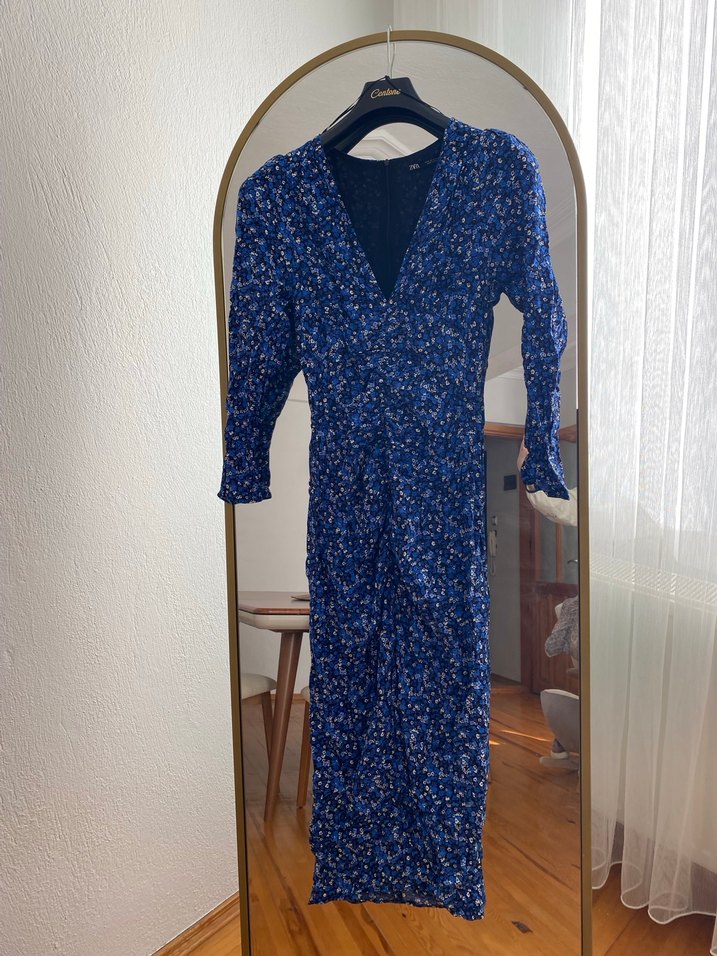 ZaraKadın Lacivert Uzun V Yaka Drapeli Elbise - Görsel 2