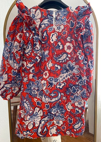 Zara Kırmızı Renkli Bohem Kısa Kol V Yaka elbise - Görsel 5