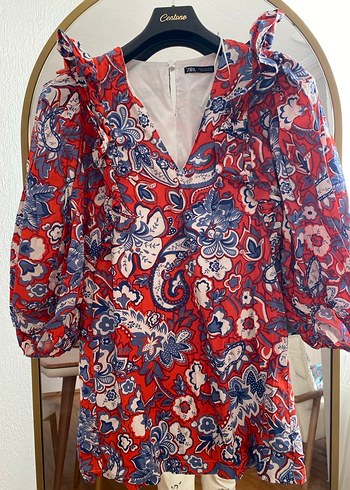 Zara Kırmızı Renkli Bohem Kısa Kol V Yaka elbise - Görsel 2