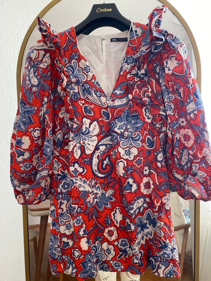 Zara Kırmızı Renkli Bohem Kısa Kol V Yaka elbise - Görsel 2