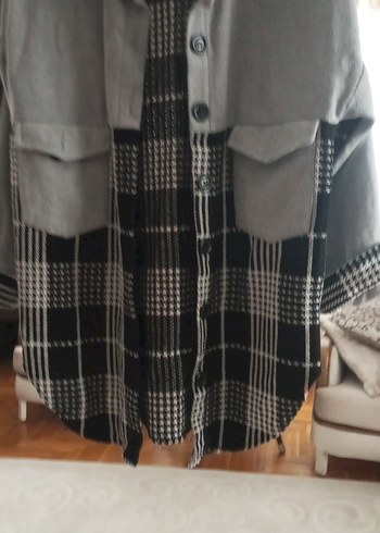 Gri Ekose Desenli Uzun Kadın Ceket Gömlek - Görsel 2