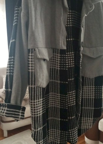 Gri Ekose Desenli Uzun Kadın Ceket Gömlek - Görsel 5