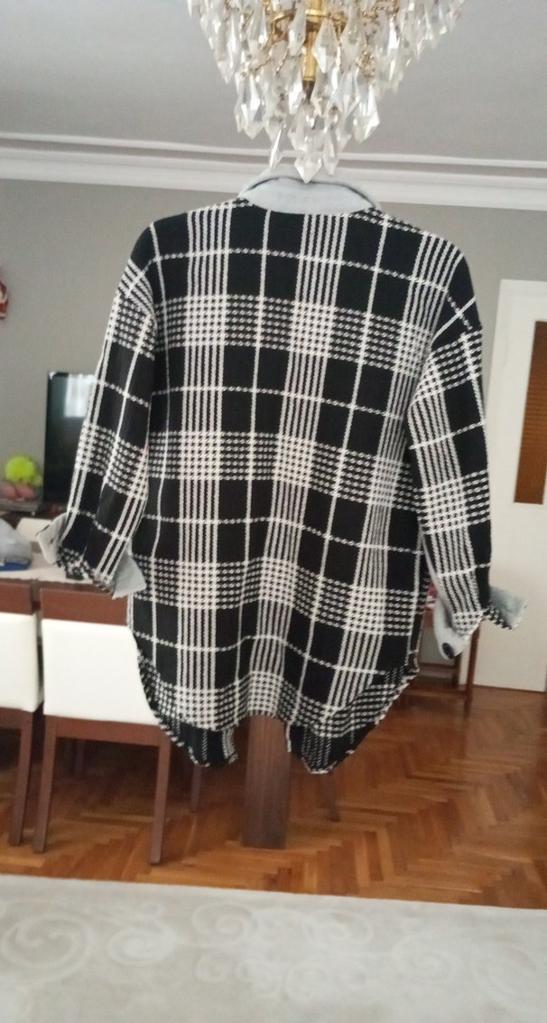 Gri Ekose Desenli Uzun Kadın Ceket Gömlek - Görsel 3