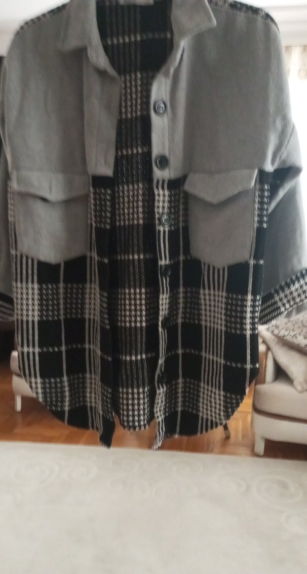 Gri Ekose Desenli Uzun Kadın Ceket Gömlek - Görsel 2