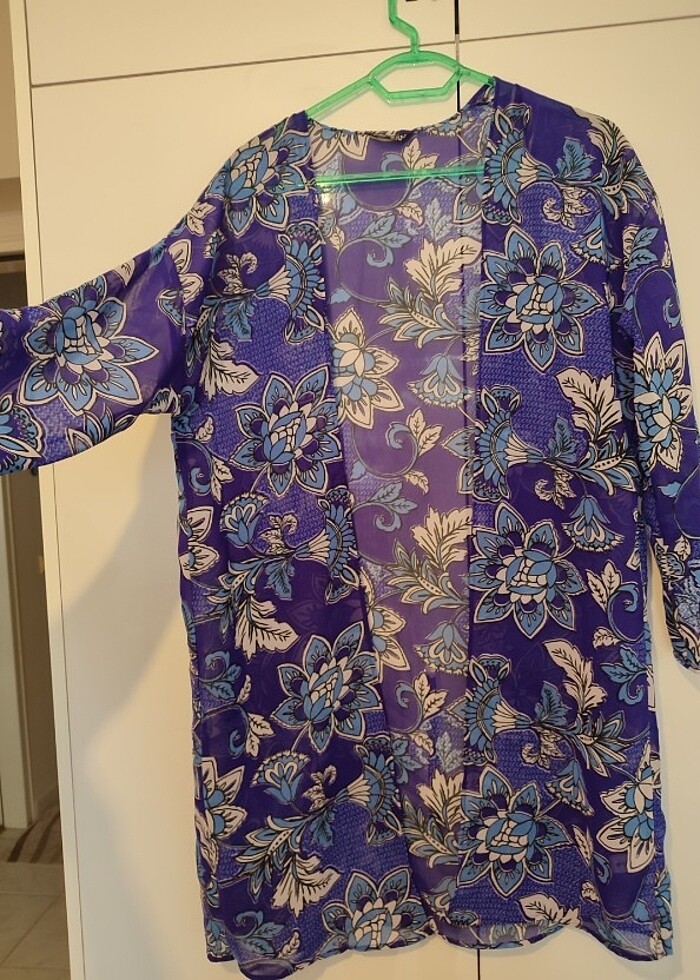 Çiçekli Mor Şık Tül Kimono  - Görsel 3