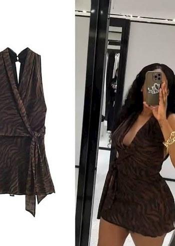 Zara Kahverengi Zebra Desenli Mini Elbise - Görsel 5