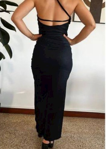 Zara Tek Omuzlu Drapeli Siyah Uzun Elbise - Görsel 2