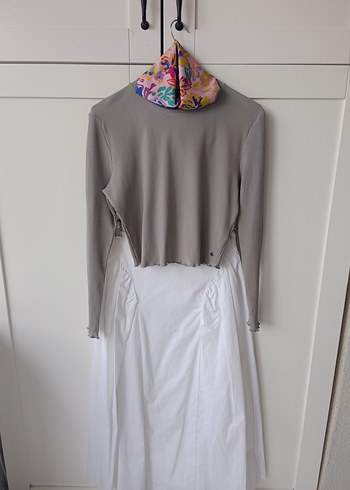 Gri Uzun Keten Drapeli Hamile Eteği - Görsel 2