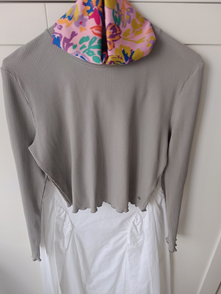 Gri Uzun Keten Drapeli Hamile Eteği - Görsel 3