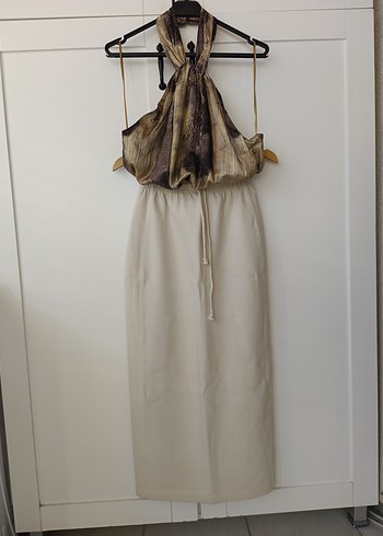 Bohem Tarzda Bej Uzun Hamile Keten Etek - Görsel 2