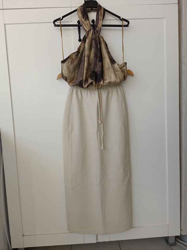 Bohem Tarzda Bej Uzun Hamile Keten Etek - Görsel 2