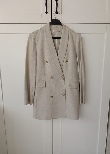 Bej Keten Düğmeli Kadın Blazer - Görsel 2