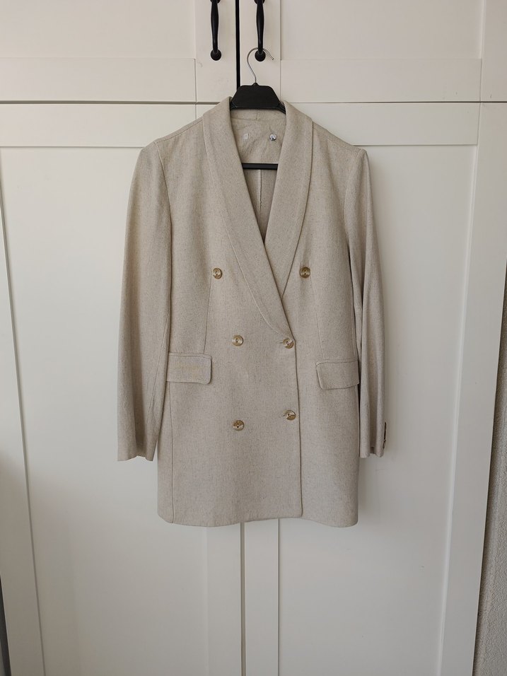 Bej Keten Düğmeli Kadın Blazer - Görsel 2