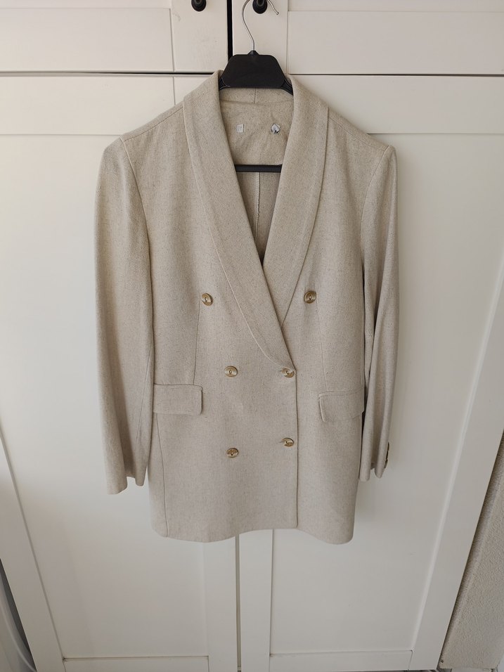 Bej Keten Düğmeli Kadın Blazer - Görsel 3