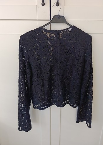 Lacivert Dantel İşlemeli Uzun Kollu Bluz - Görsel 6