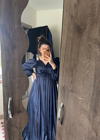 Kadın Lacivert Uzun V Yaka Abiye Elbise - Görsel 3