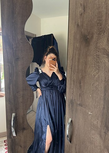 Kadın Lacivert Uzun V Yaka Abiye Elbise - Görsel 2