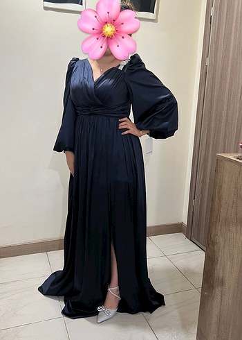 Kadın Lacivert Uzun V Yaka Abiye Elbise - Görsel 4