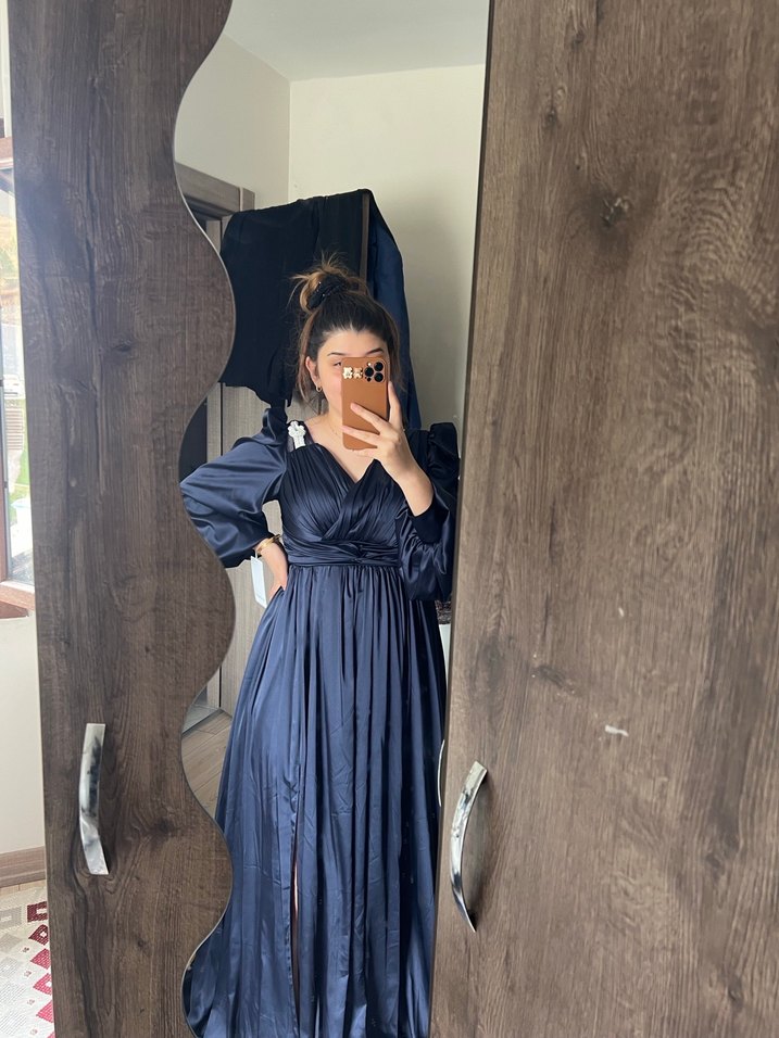 Kadın Lacivert Uzun V Yaka Abiye Elbise - Görsel 3