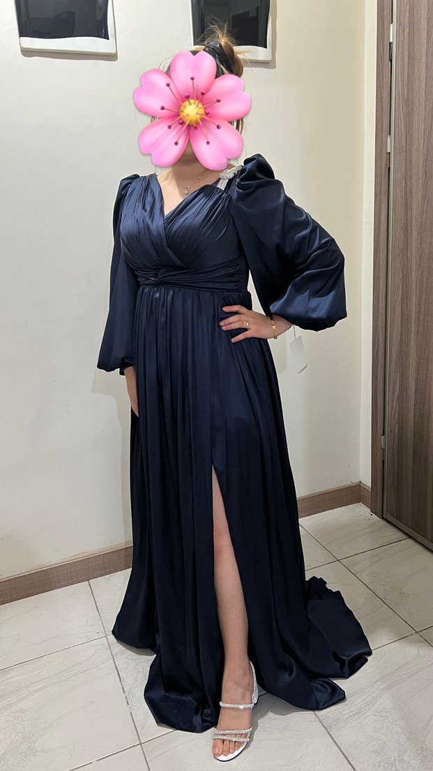 Kadın Lacivert Uzun V Yaka Abiye Elbise - Görsel 5