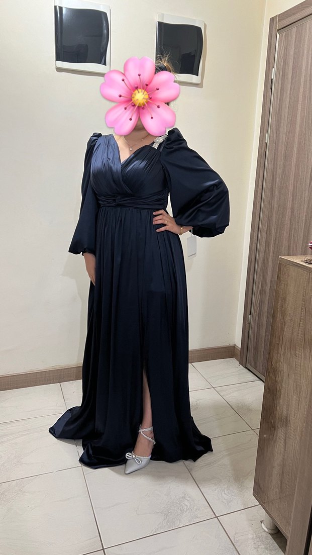 Kadın Lacivert Uzun V Yaka Abiye Elbise - Görsel 4