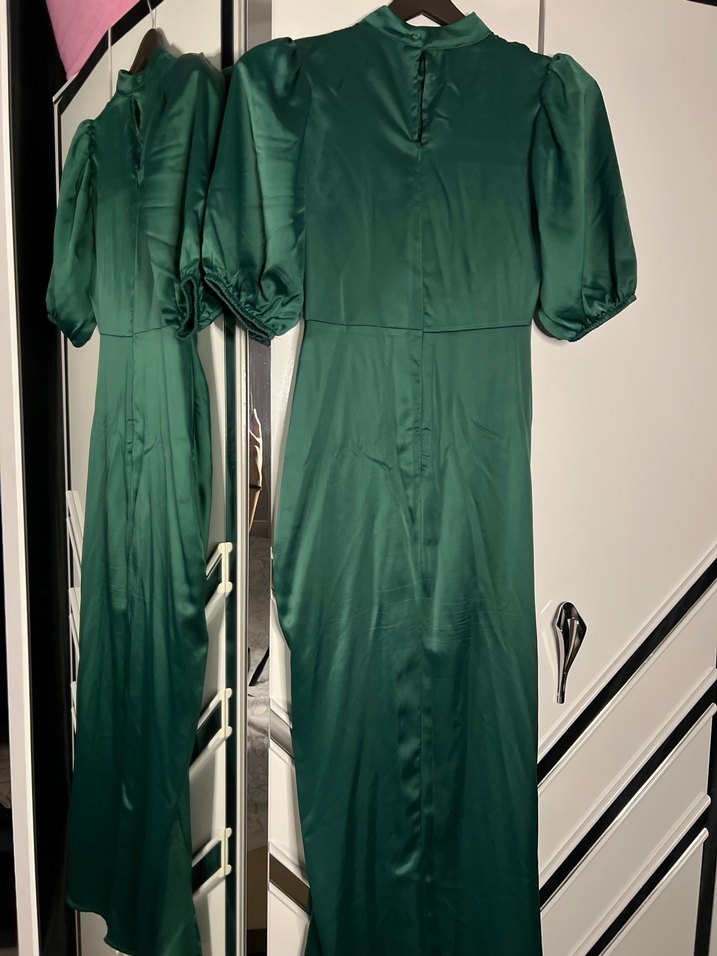 Zümrüt yeşili saten midi elbise - Görsel 5