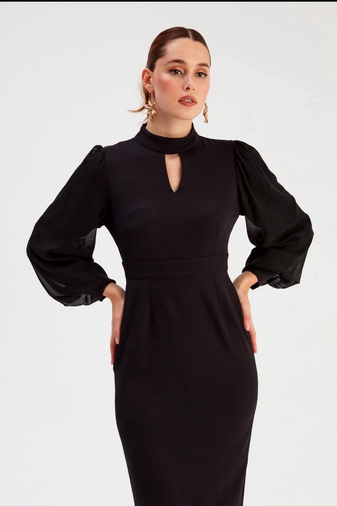 Uzun Kollu Siyah Kalem Elbise - Görsel 3